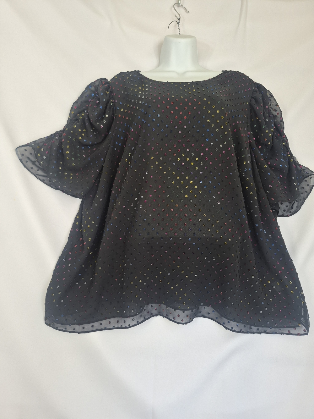 1. State Black Sheer Blouse with Multicolor Dot Print and Puff Sleeves